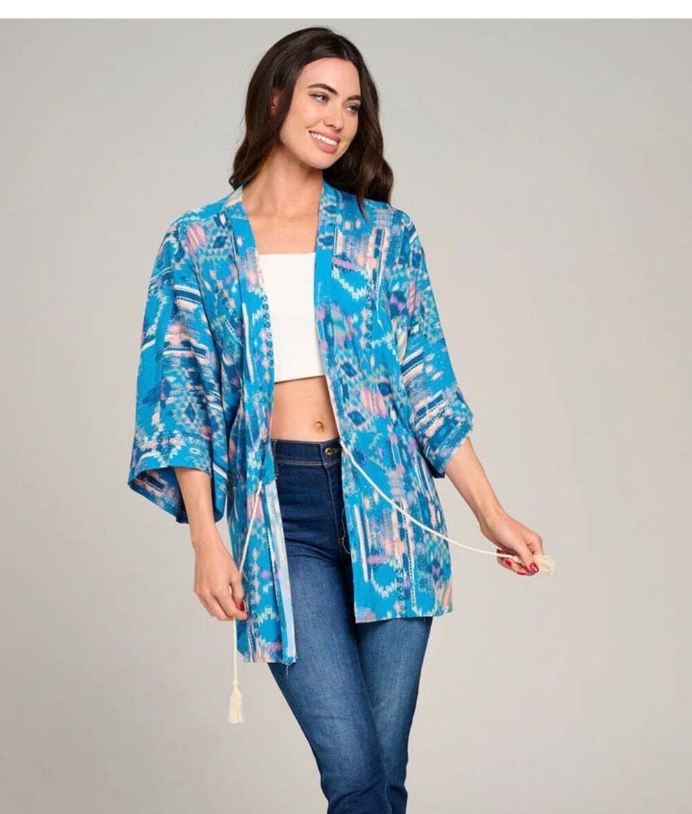 Turquoise Print Tassel Trim Open Front Kimono Cardigan